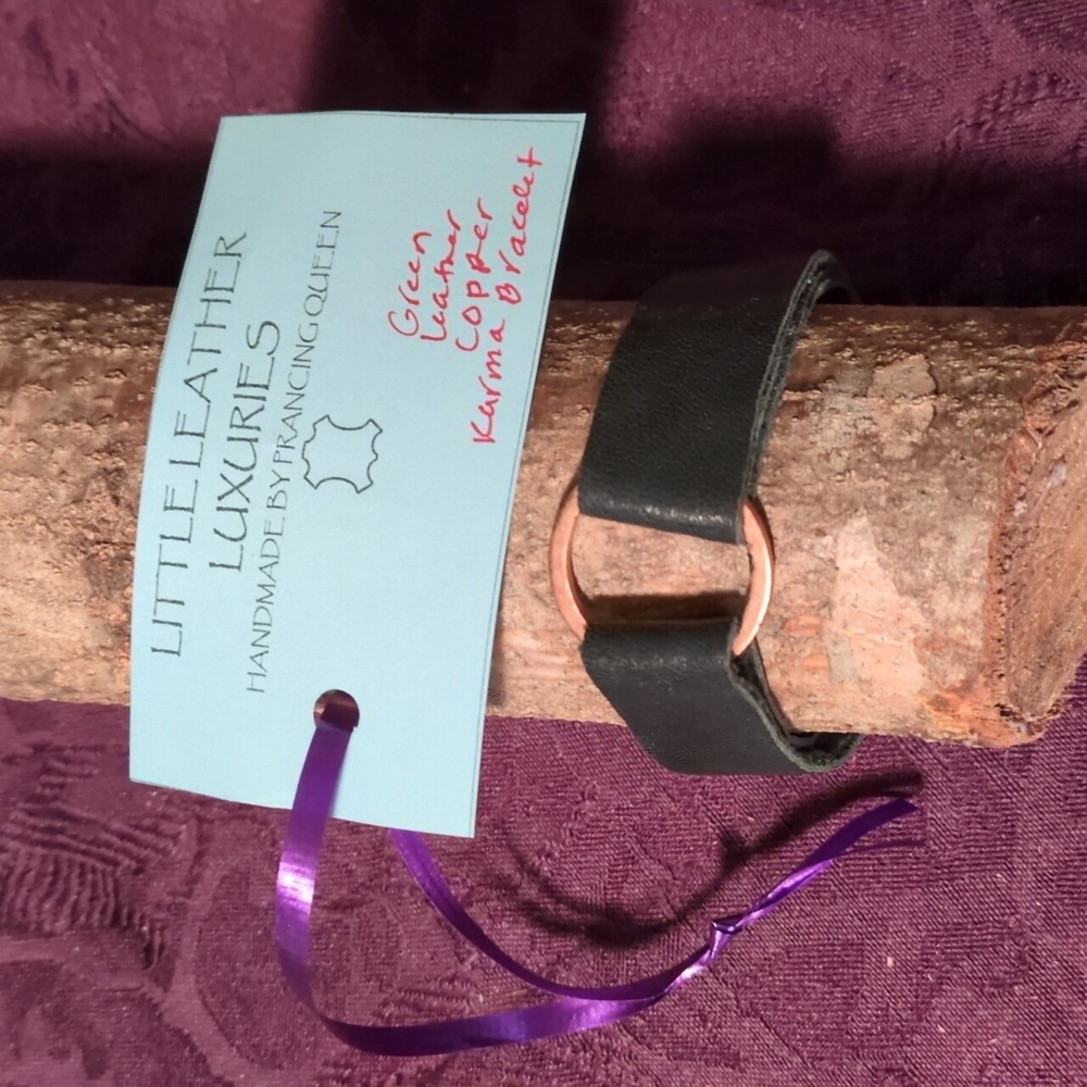 Handmade Genuine Leather Copper Karma Circle Bracelet Green